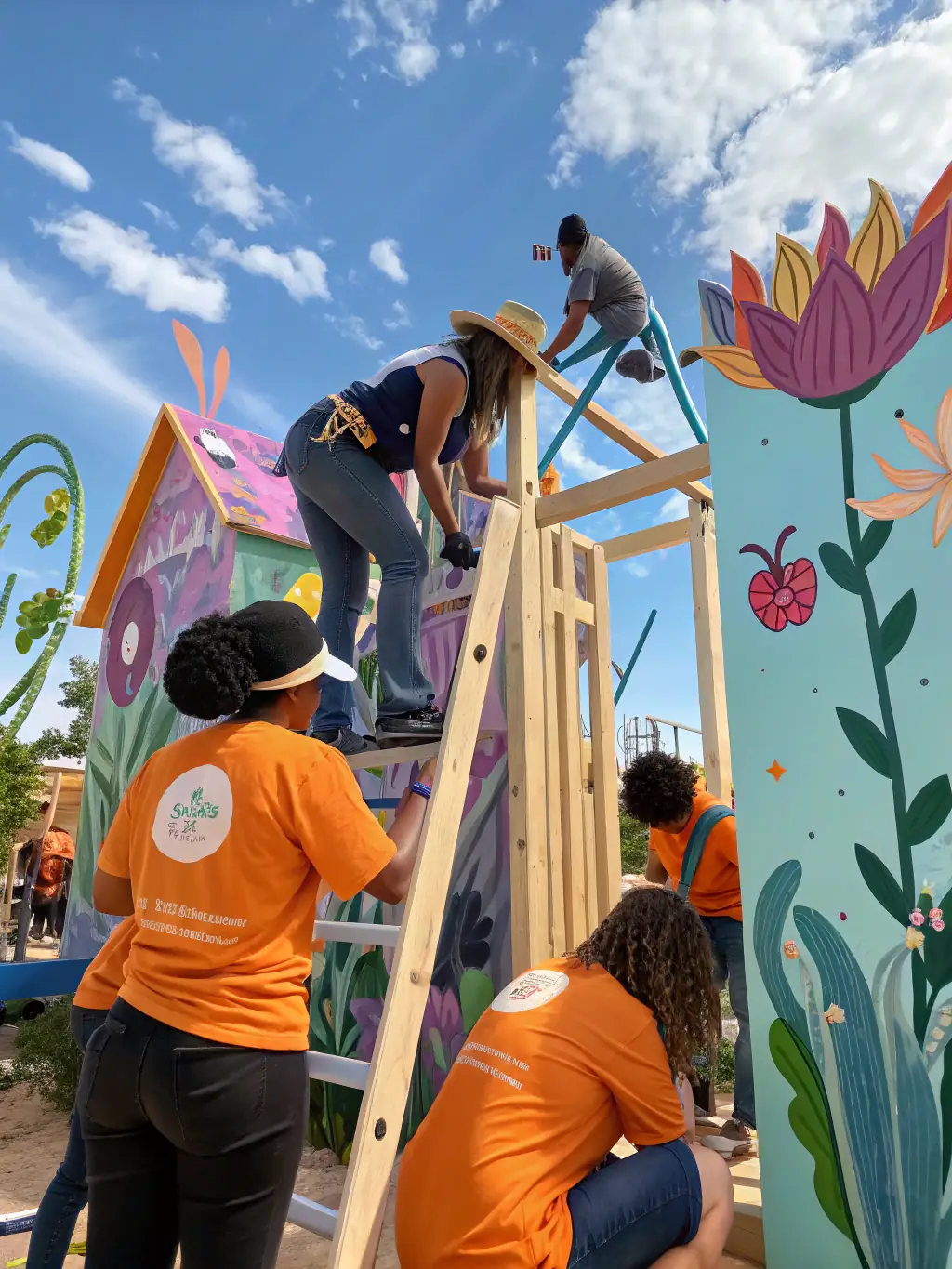 An image of community members participating in a public art installation project, creating a collaborative mural that reflects the spirit and identity of the local community, highlighting M.A.D BRAINS' community engagement efforts.