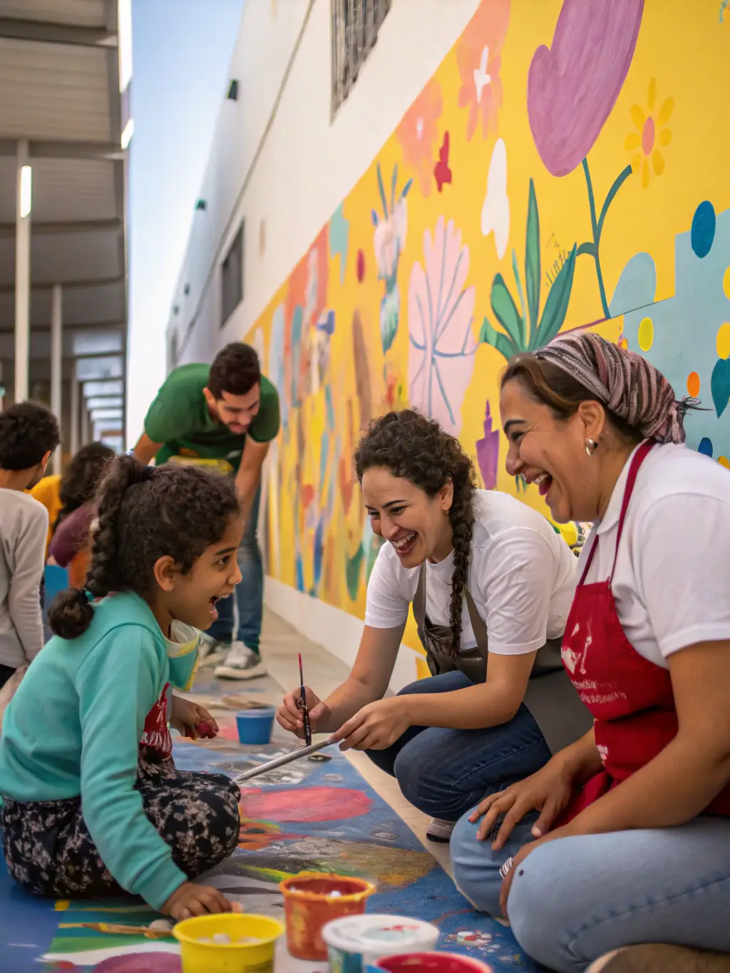 A vibrant image of children participating in a collaborative art project during a M.A.D BRAINS workshop, showcasing teamwork and creative expression.