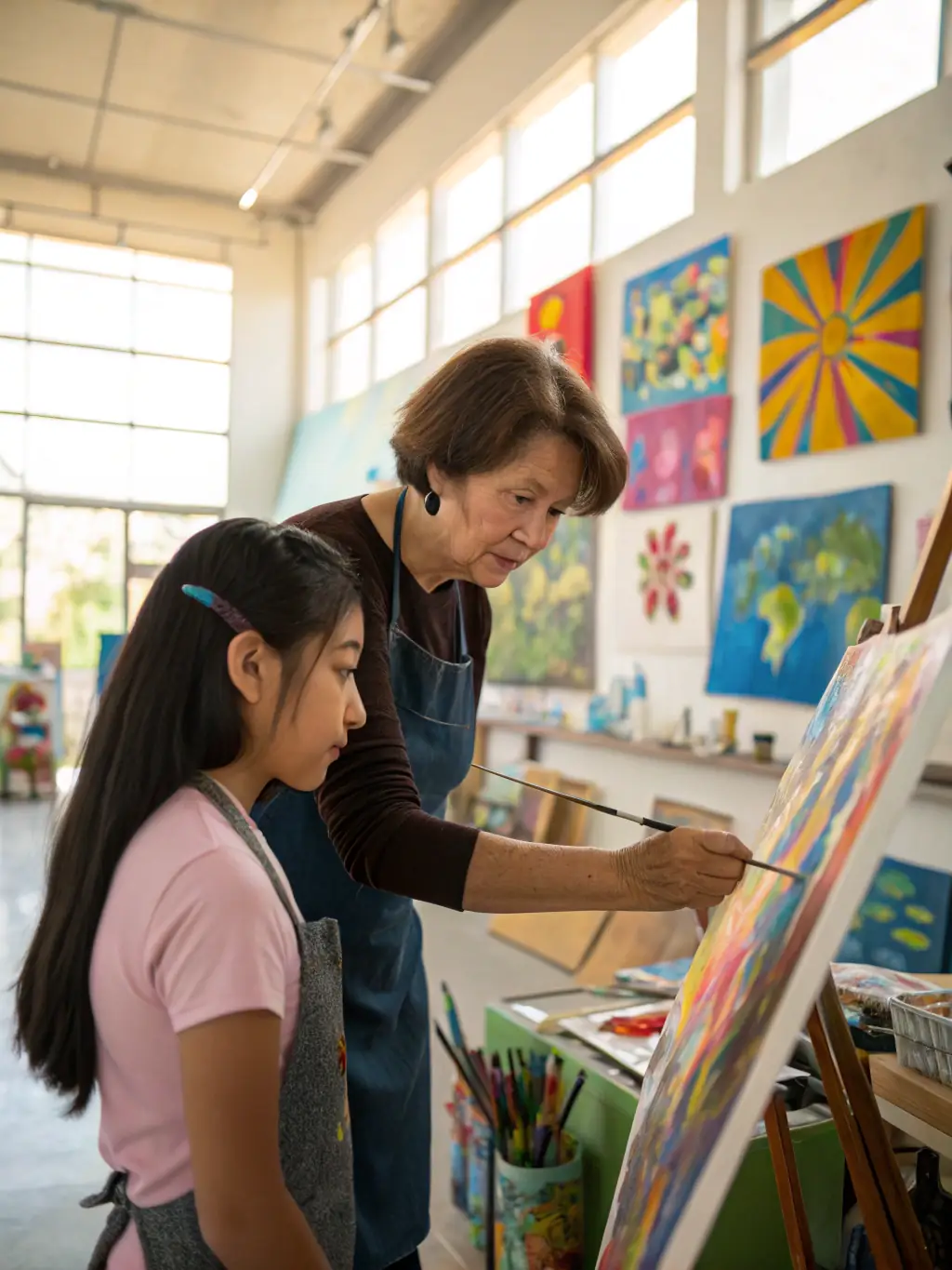 A photograph of a professional artist mentoring an amateur during a M.A.D BRAINS mentorship program, emphasizing skill development and artistic growth.